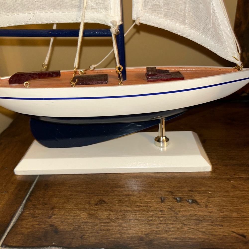 Nautical Wooden Sailboat Model Decor - White and Blue - Picture 2 of 7